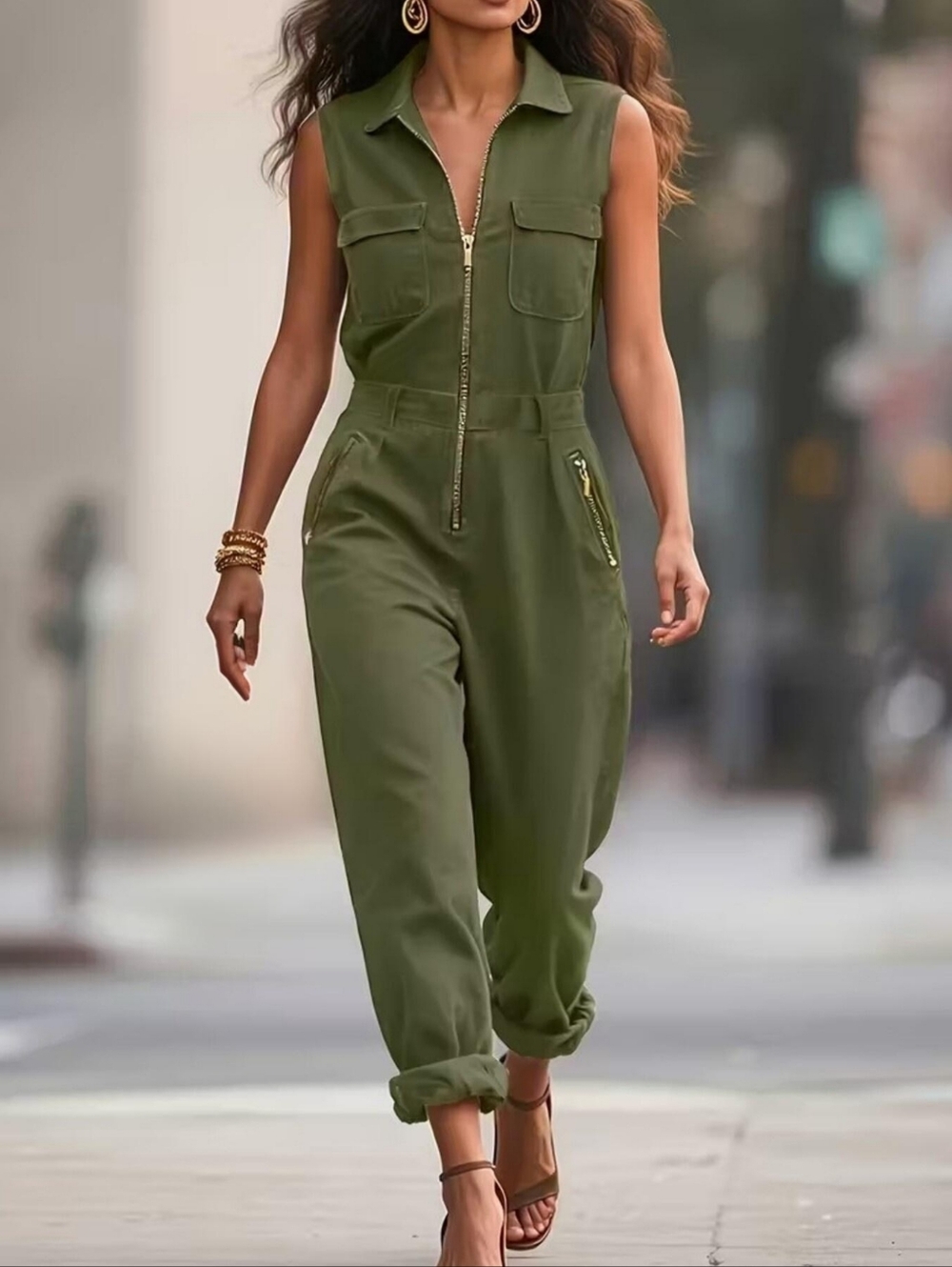 Sleeveless Olive Utility Zip Up Jumpsuit